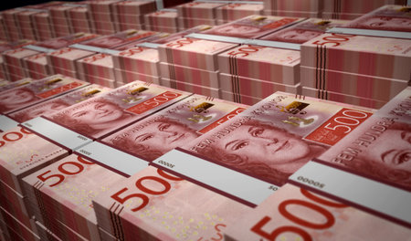 Sweden money Swedish krona money pack 3d illustration. 500 SEK banknote bundle stacks. Concept of finance, cash, economy crisis, business success, recession, bank, tax and debt.の写真素材
