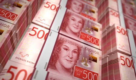 Sweden money Swedish krona money pack 3d illustration. 500 SEK banknote bundle stacks. Concept of finance, cash, economy crisis, business success, recession, bank, tax and debt.の写真素材