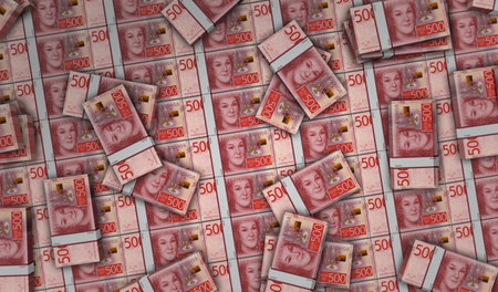 Sweden money Swedish krona money pack 3d illustration. 500 SEK banknote bundle stacks. Concept of finance, cash, economy crisis, business success, recession, bank, tax and debt.の写真素材