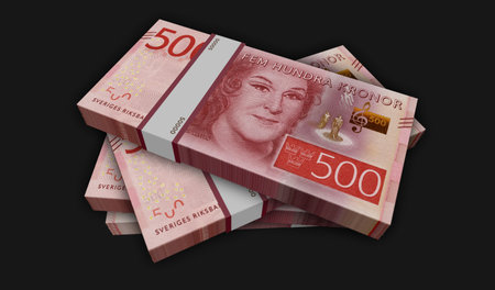Sweden money Swedish krona money pack 3d illustration. 500 SEK banknote bundle stacks. Concept of finance, cash, economy crisis, business success, recession, bank, tax and debt.の写真素材