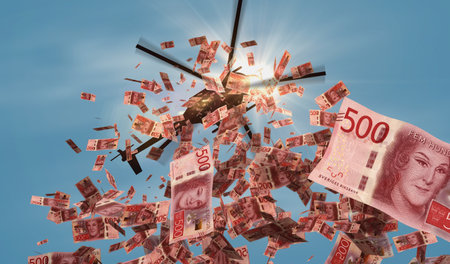 Swedish krona banknotes helicopter money dropping. Sweden money 500 SEK notes abstract 3d concept of inflation, money printing, finance, economy, crisis and quantitative easing illustration.の写真素材