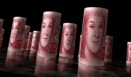 Sweden money Swedish krona money rolled 3d illustration. 500 SEK banknote rolls. Concept of finance, cash, economy crisis, business success, recession, bank, tax and debt.の写真素材