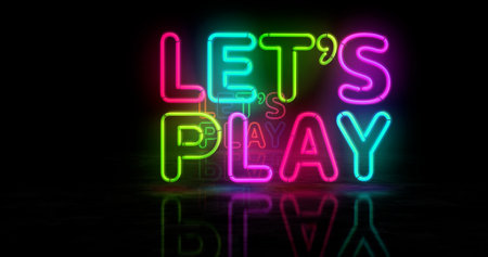 Let's play neon symbol. Lets play gaming light color bulbs. Abstract concept 3d illustration.の写真素材