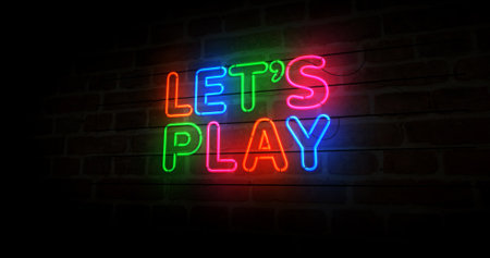 Let's play neon symbol. Lets play gaming light color bulbs. Abstract concept 3d illustration.の写真素材