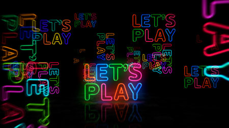 Let's play neon symbol. Lets play gaming light color bulbs. Abstract concept 3d illustration.の写真素材