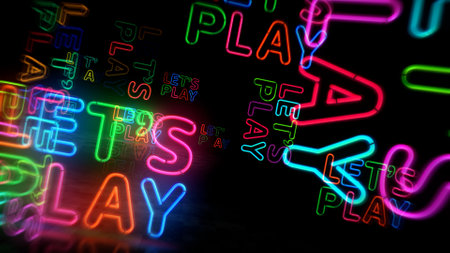 Let's play neon symbol. Lets play gaming light color bulbs. Abstract concept 3d illustration.の写真素材