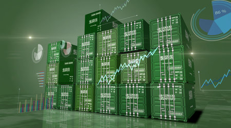 Saudi Arabia export production and import cargo containers on charts and diagrams business concept. Saudi Arabian flag industrial shipping box 3d illustration.の写真素材