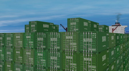 Export production and import containers on a cargo ship. Business concept of transport and shipping with a flag. 3D drone view illustration.の写真素材