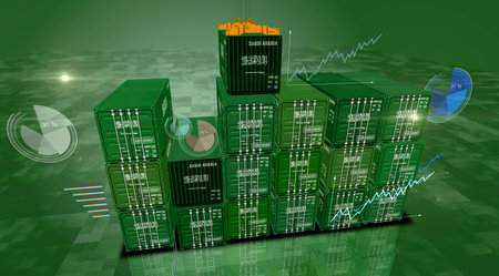 Saudi Arabia export production and import cargo containers on charts and diagrams business concept. Saudi Arabian flag industrial shipping box 3d illustration.の写真素材