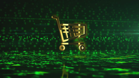 Cart shop and online shopping e-commerce business golden metal symbol. Abstract concept 3d icon illustration.の写真素材