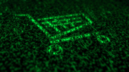 Cart shop and online shopping e-commerce business symbol matrix style. Abstract concept 3d digital icon illustration.の写真素材