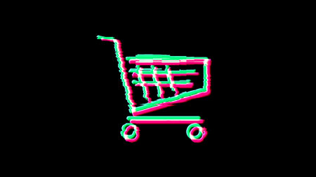 Cart shop and online shopping e-commerce business symbol glitch and noise. Abstract concept 3d video distorted icon illustration.の写真素材