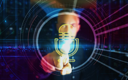 Microphone media on air broadcast and audio record symbol digital abstract 3d concept. Finger touch screen. cyber technology and network background. Man pushes computer display.の写真素材