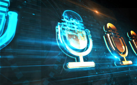 Microphone media on air broadcast and audio record symbol digital concept. Network, cyber technology sign and computer background abstract icon 3d illustration.の写真素材