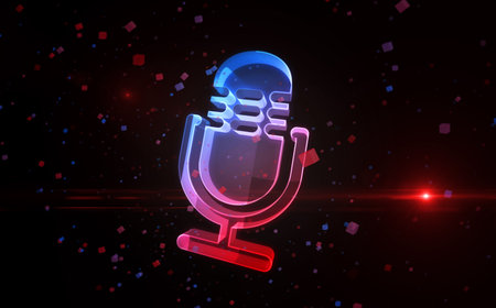 Microphone media on air broadcast and audio record symbol digital concept. Network, cyber technology sign and computer background abstract icon 3d illustration.の写真素材