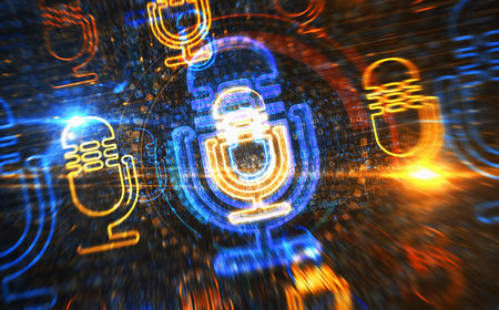 Microphone media on air broadcast and audio record symbol digital concept. Network, cyber technology sign and computer background abstract icon 3d illustration.の写真素材
