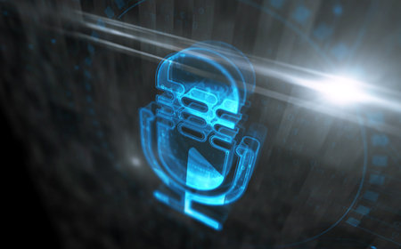 Microphone media on air broadcast and audio record symbol digital concept. Network, cyber technology sign and computer background abstract icon 3d illustration.の写真素材