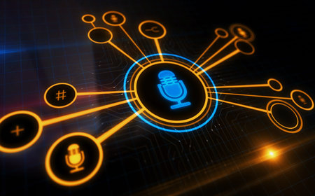 Microphone media on air broadcast and audio record symbol digital concept. Network, cyber technology sign and computer background abstract icon 3d illustration.の写真素材