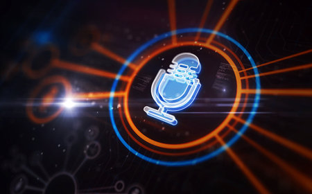 Microphone media on air broadcast and audio record symbol digital concept. Network, cyber technology sign and computer background abstract icon 3d illustration.の写真素材