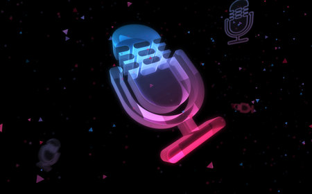 Microphone media on air broadcast and audio record symbol digital concept. Network, cyber technology sign and computer background abstract icon 3d illustration.の写真素材