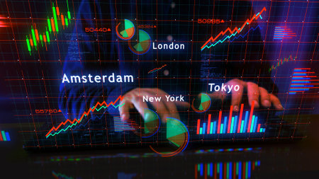 Stock exchange business in the world charts and graphs diagram with man typing computer keyboard. Digital analysis and report on 3d screen display illustration.の写真素材
