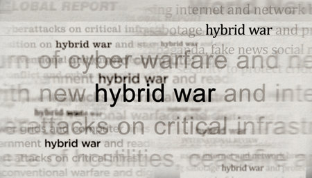 Hybrid war and cyber warfare headline news across international media. Abstract concept of news titles on noise displays. TV glitch effect 3d illustration.の写真素材