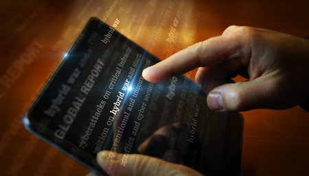 Hybrid war and cyber warfare social media on display. Searching on tablet, pad, phone or smartphone screen in hand. Abstract concept of news titles 3d illustration.の写真素材