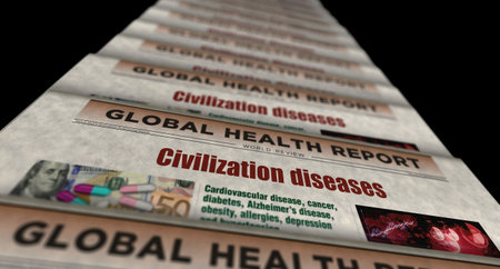 Civilization diseases digital attack and cyber warfare vintage news and newspaper printing. Abstract concept retro headlines 3d illustration.の写真素材