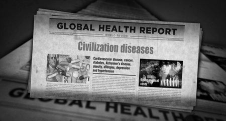 Civilization diseases digital attack and cyber warfare vintage news and newspaper printing. Abstract concept retro headlines 3d illustration.の写真素材