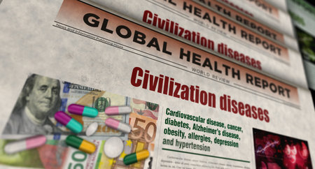 Civilization diseases digital attack and cyber warfare vintage news and newspaper printing. Abstract concept retro headlines 3d illustration.の写真素材