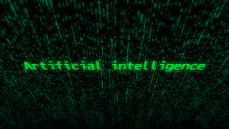 Artificial intelligence and machine learning text typing on display screen. Searching with retro monitor pixel with glitch and noiseの写真素材