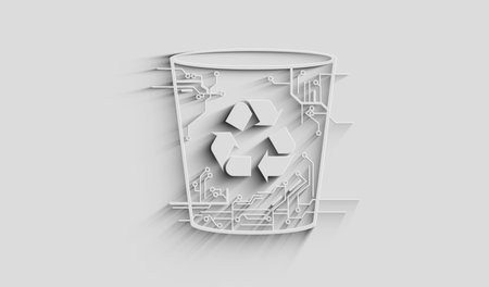 Trash waste management and delete bin symbol digital concept. Network, cyber technology and computer background abstract 3d illustration.の写真素材