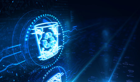 Trash waste management and delete bin symbol digital concept. Network, cyber technology and computer background abstract 3d illustration.の写真素材