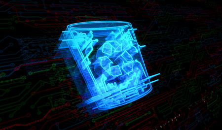 Trash waste management and delete bin symbol digital concept. Network, cyber technology and computer background abstract 3d illustration.の写真素材
