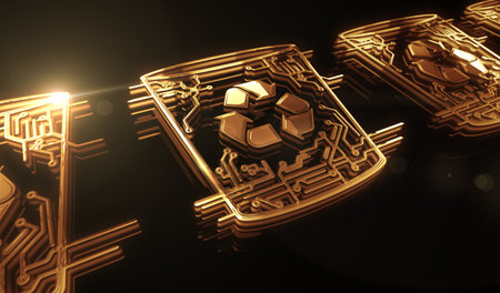 Trash waste management and disposal bin golden metal shine symbol concept. Spectacular glowing and reflection light icon abstract object 3d illustration.の写真素材