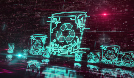 Trash waste management and delete bin symbol digital concept. Network, cyber technology and computer background abstract 3d illustration.の写真素材