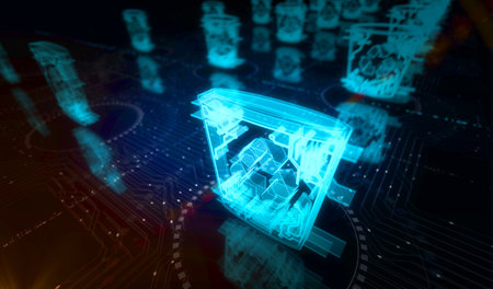 Trash waste management and delete bin symbol digital concept. Network, cyber technology and computer background abstract 3d illustration.の写真素材