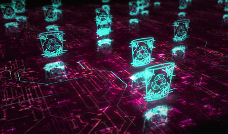 Trash waste management and delete bin symbol digital concept. Network, cyber technology and computer background abstract 3d illustration.の写真素材
