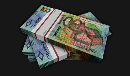 Belarus money Belarusian ruble money pack 3d illustration. 100 BYN banknote bundle stacks. Concept of finance, cash, economy crisis, business success, recession, bank, tax and debt.の写真素材