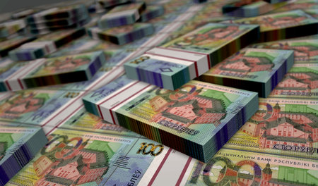 Belarus money Belarusian ruble money printing 3d illustration. 100 BYN banknote print. Concept of...