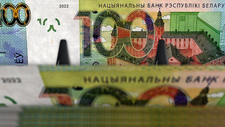Belarus money Belarusian ruble money pack 3d illustration. 100 BYN banknote bundle stacks. Concept of finance, cash, economy crisis, business success, recession, bank, tax and debt.の写真素材