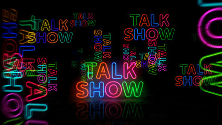 Talk show neon symbol. Interview light color bulbs. Abstract concept 3d illustration.の写真素材