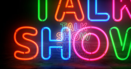 Talk show neon symbol. Interview light color bulbs. Abstract concept 3d illustration.の写真素材