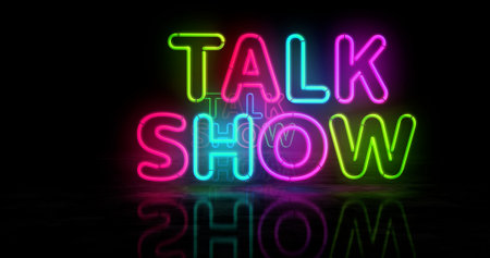 Talk show neon symbol. Interview light color bulbs. Abstract concept 3d illustration.の写真素材