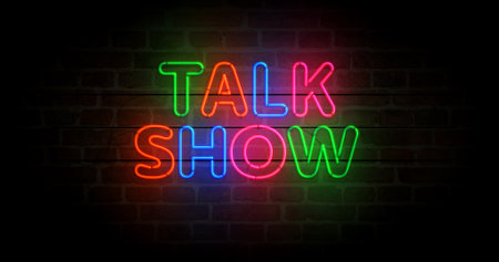 Talk show neon symbol. Interview light color bulbs. Abstract concept 3d illustration.の写真素材