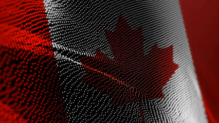 Canada digital technology flag cyber background. Canadian banner cyberattack and espionage concept illustration.の写真素材