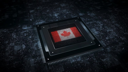 Canada digital technology flag cyber on on computer CPU in background. Canadian banner cyberattack...