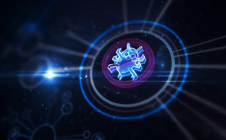 Antivirus cybersecurity warning symbol digital concept. Network, cyber technology sign and computer background abstract icon 3d illustration.の写真素材