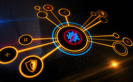 Antivirus cybersecurity warning symbol digital concept. Network, cyber technology sign and computer background abstract icon 3d illustration.の写真素材