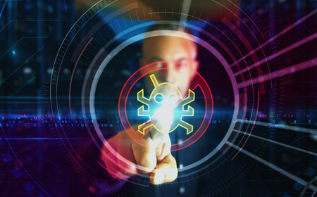 Antivirus cybersecurity warning symbol digital abstract 3d concept. Finger touch screen. cyber technology and network background. Man pushes computer display.の写真素材
